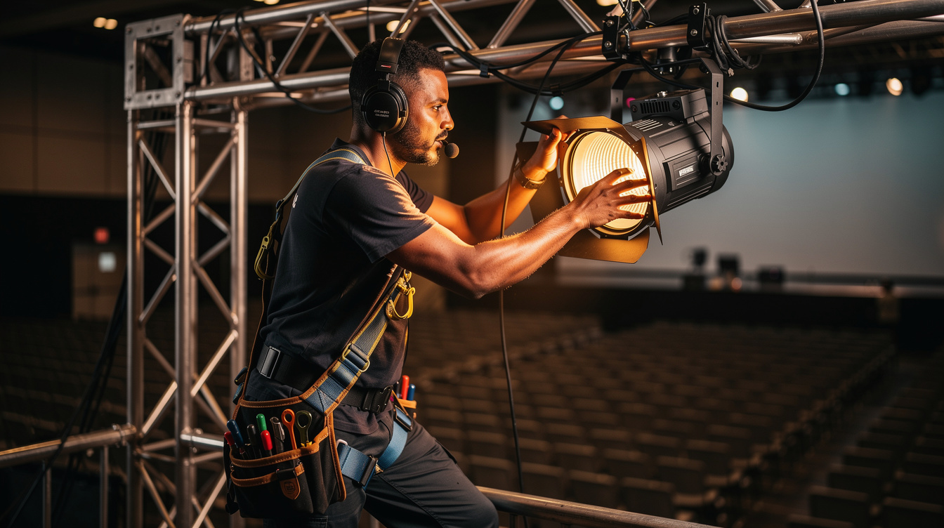 Lighting designer adjusting stage spotlight