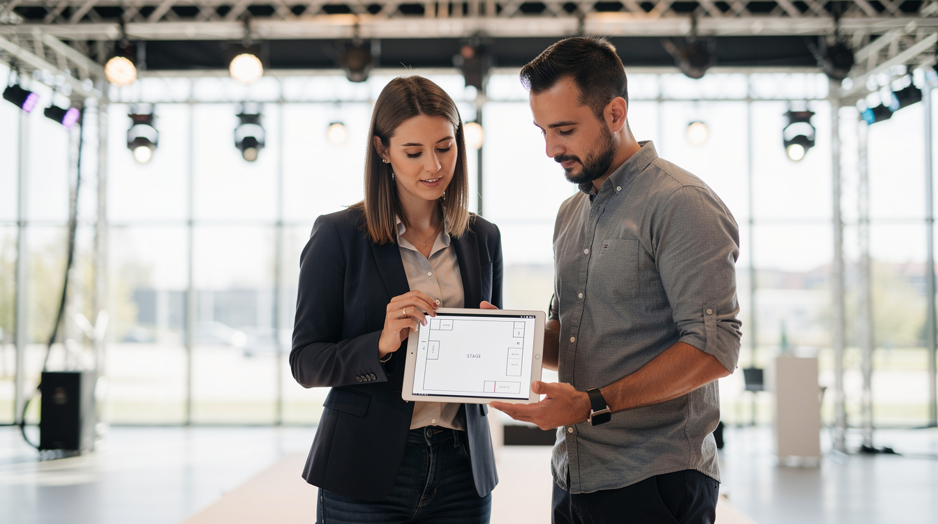 Production team reviewing an event plan on a tablet at the venue