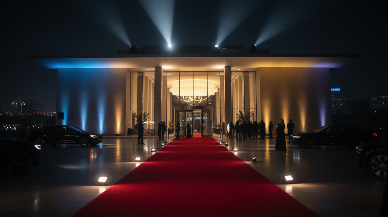 Wide shot of illuminated red carpet event entrance at night