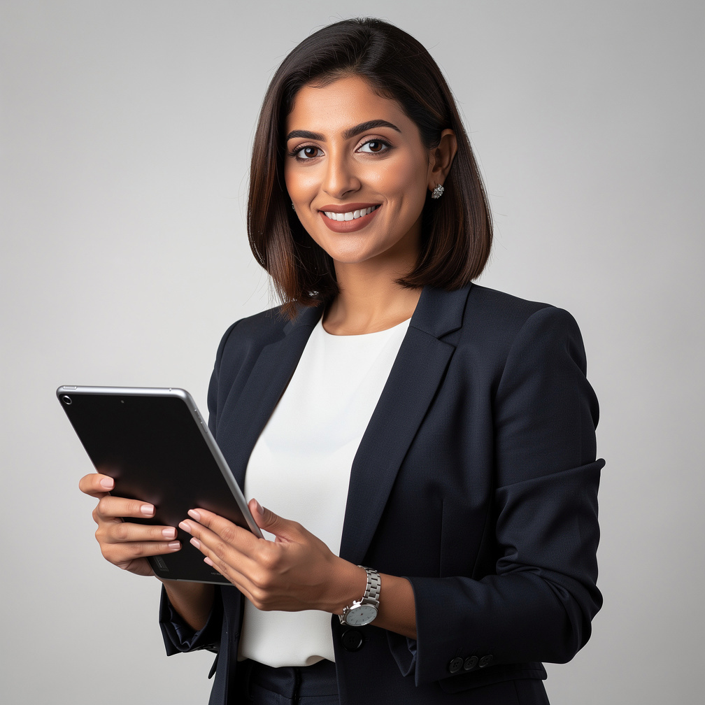 Portrait of woman press coordinator with tablet