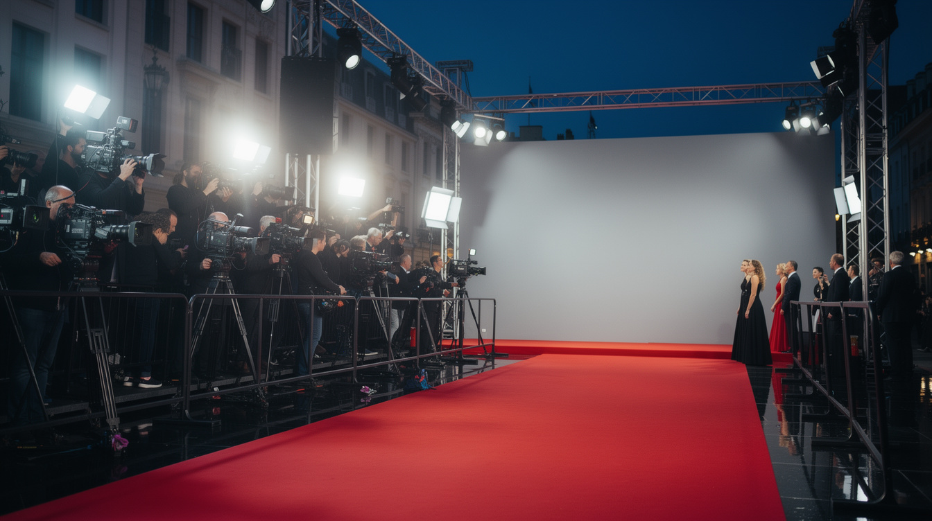 Red carpet event with photographers and lighting rigs