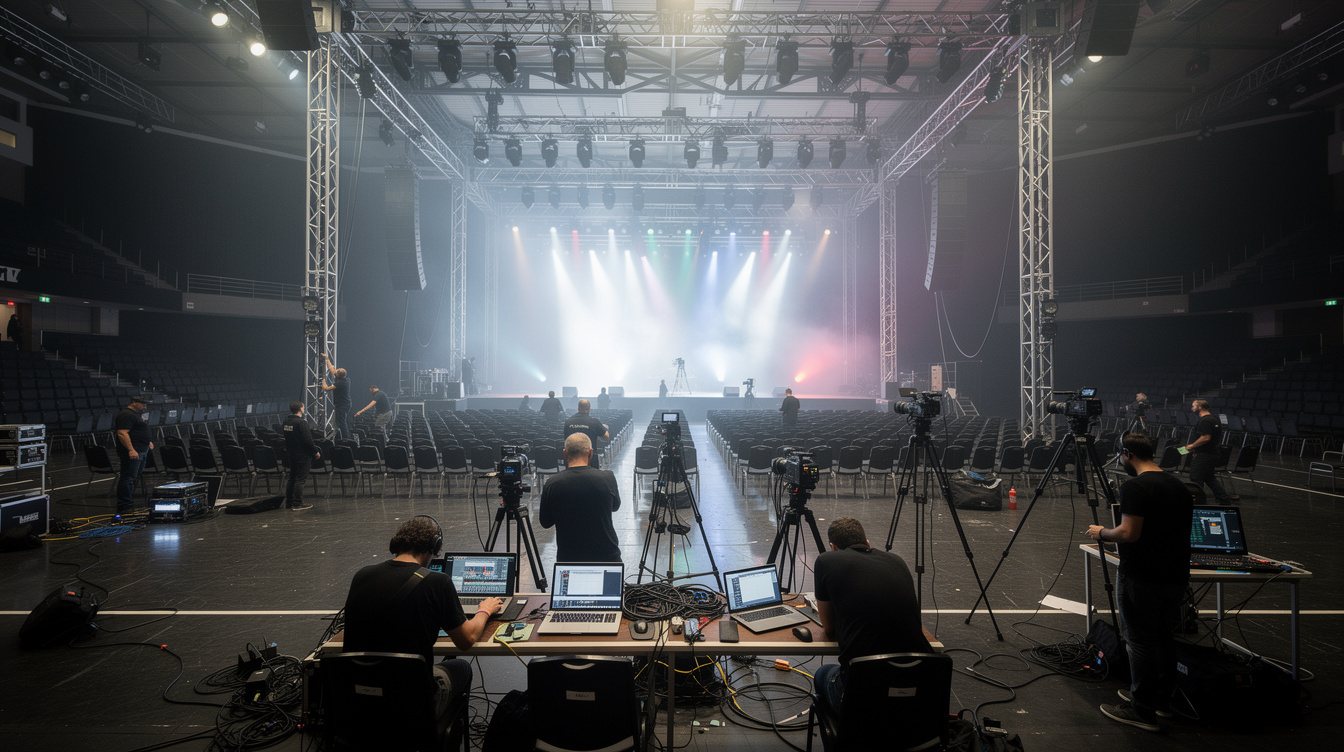 Event production crew setting up stage lighting and cameras before a show