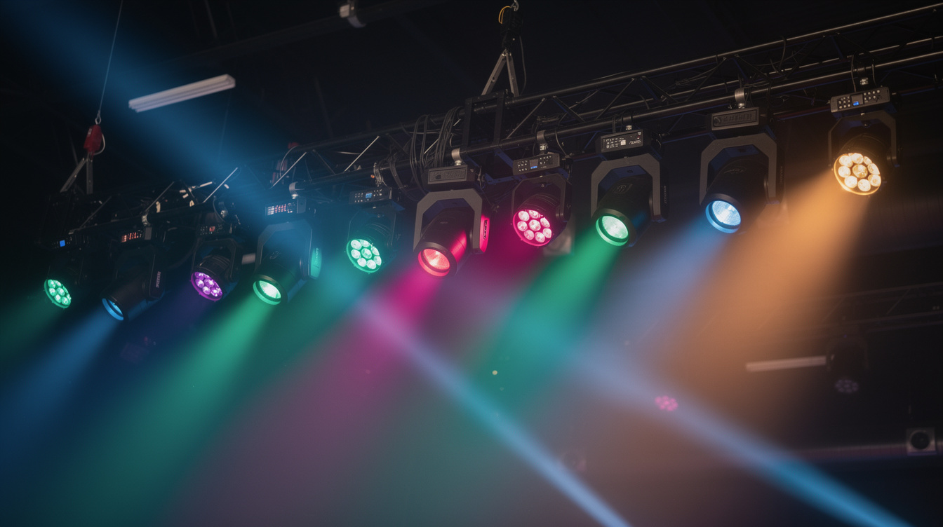 Stage lighting rig with colorful spotlights