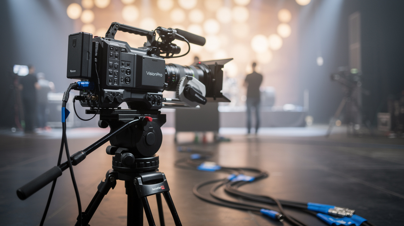 Professional broadcast camera on tripod at event